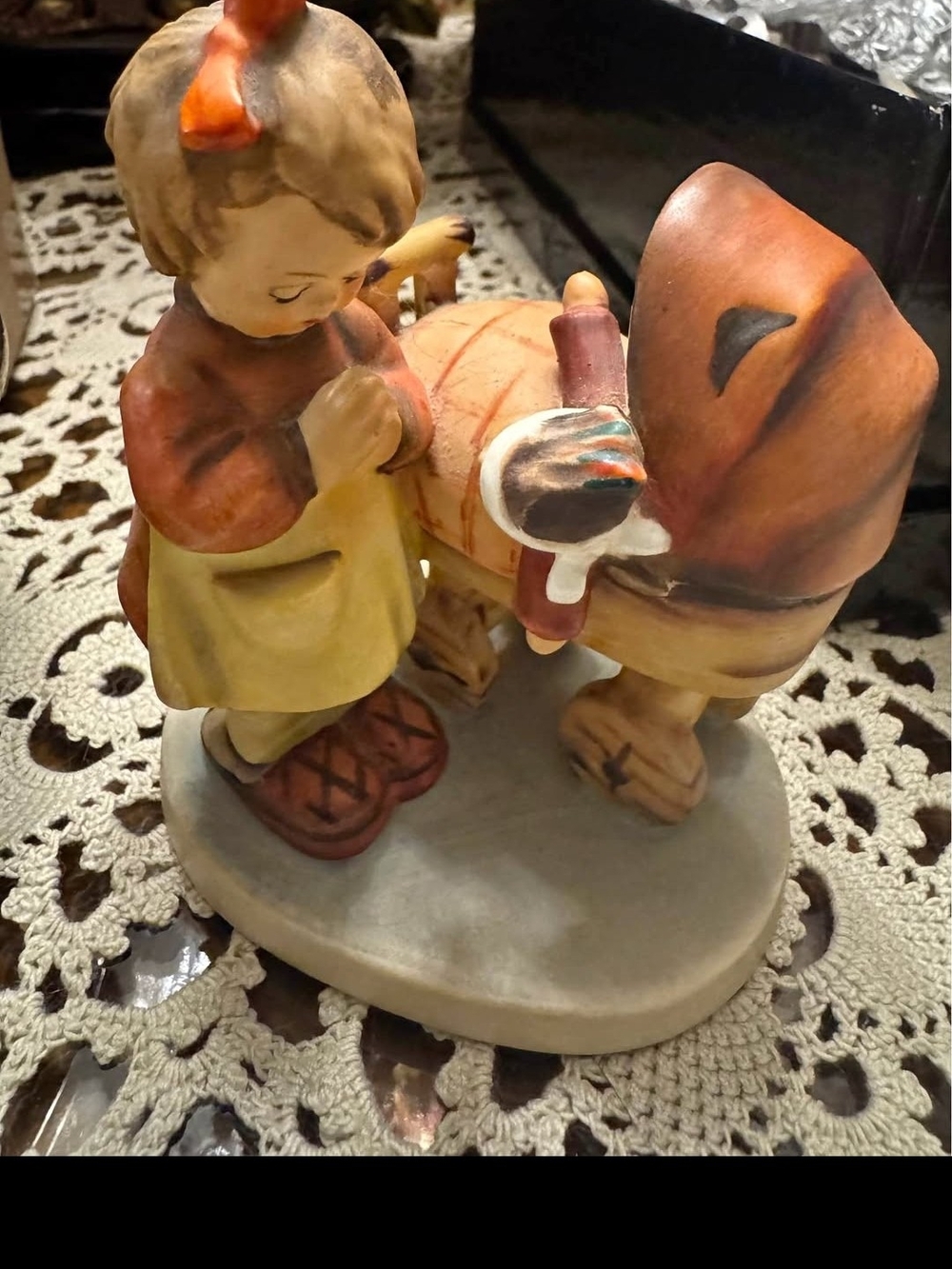 Goebel Ceramic Girl and Donkey Figurine in Brown, Yellow & Orange